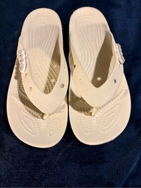 CROCS Women's Cream Flip Flop Sandals with Decorative Accents